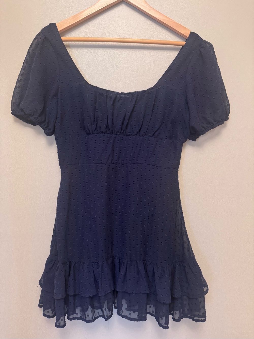Altar'd State Diany Navy Swiss Dot Puff-Sleeve Ruffle Mini Dress